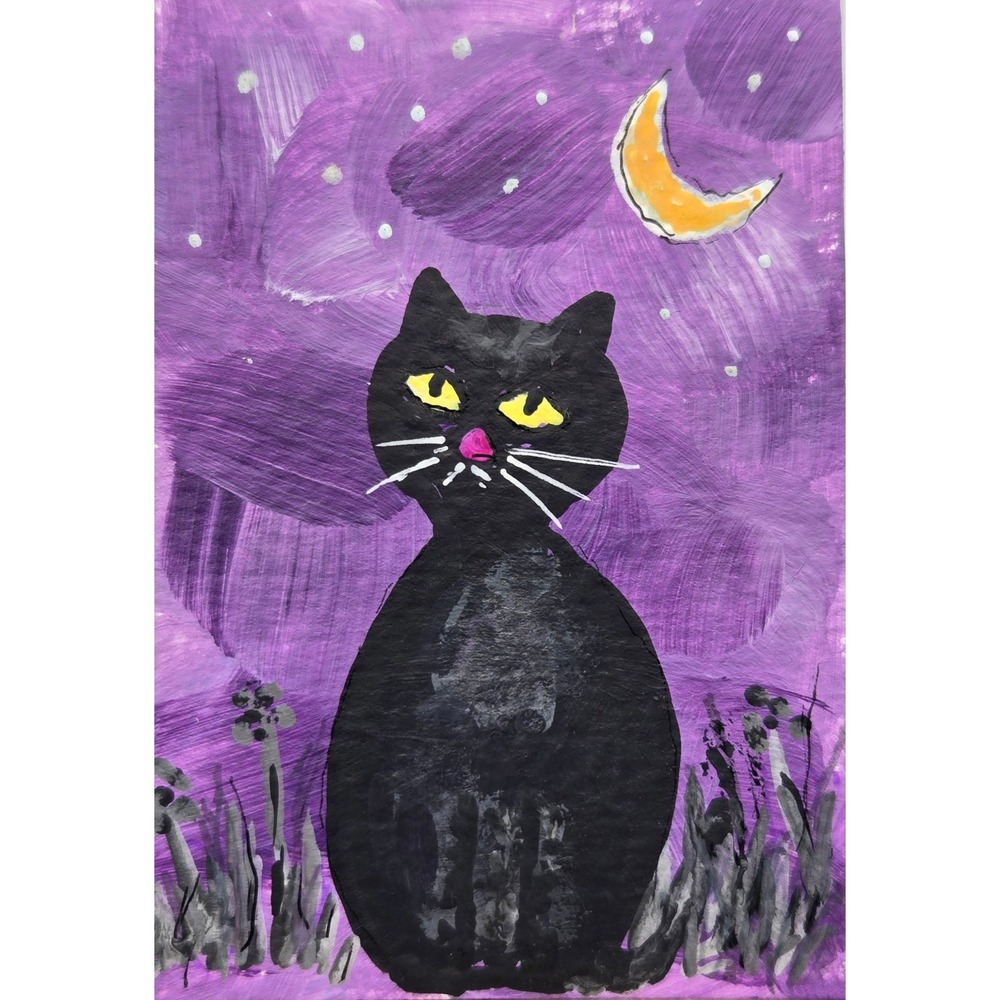 ACEO Black Cat Painting Acrylic Purple Night Sky Moon Stars Original Art OOAK